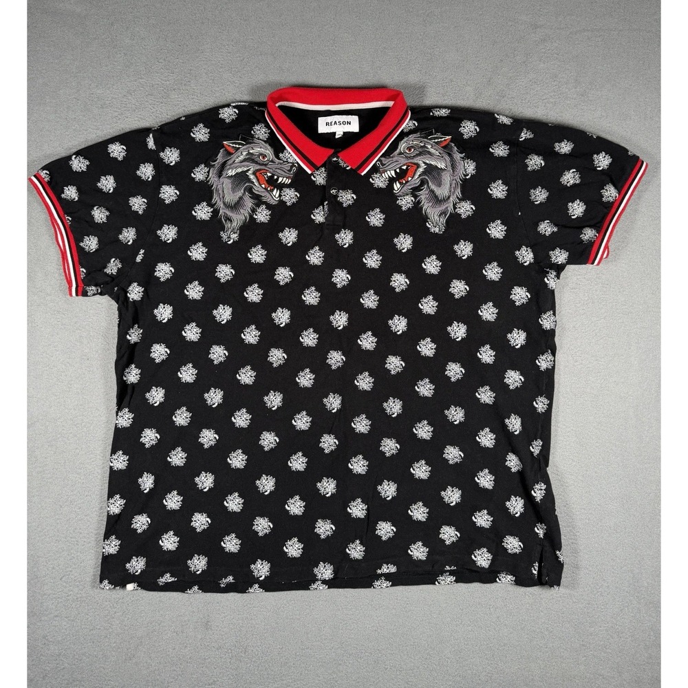 Reason Clothing Polo Shirt 3XL Black Wolf Graphic Floral Embroidered Men Top